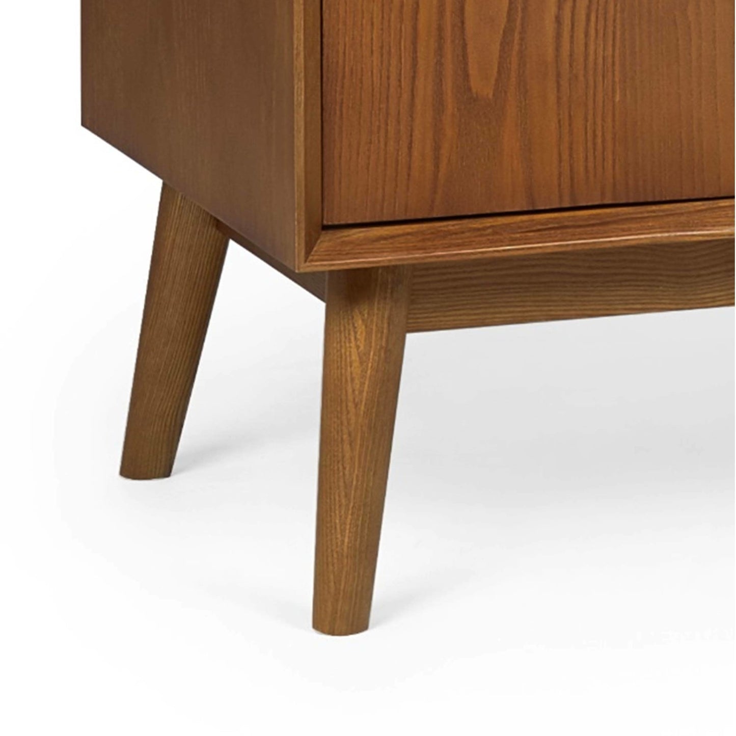 Close-up view of the splayed tapered wooden leg frame and corner joint on the Lowry media unit