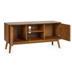 Perspective studio shot of the Lowry media unit with cabinet doors open displaying internal storage capacity