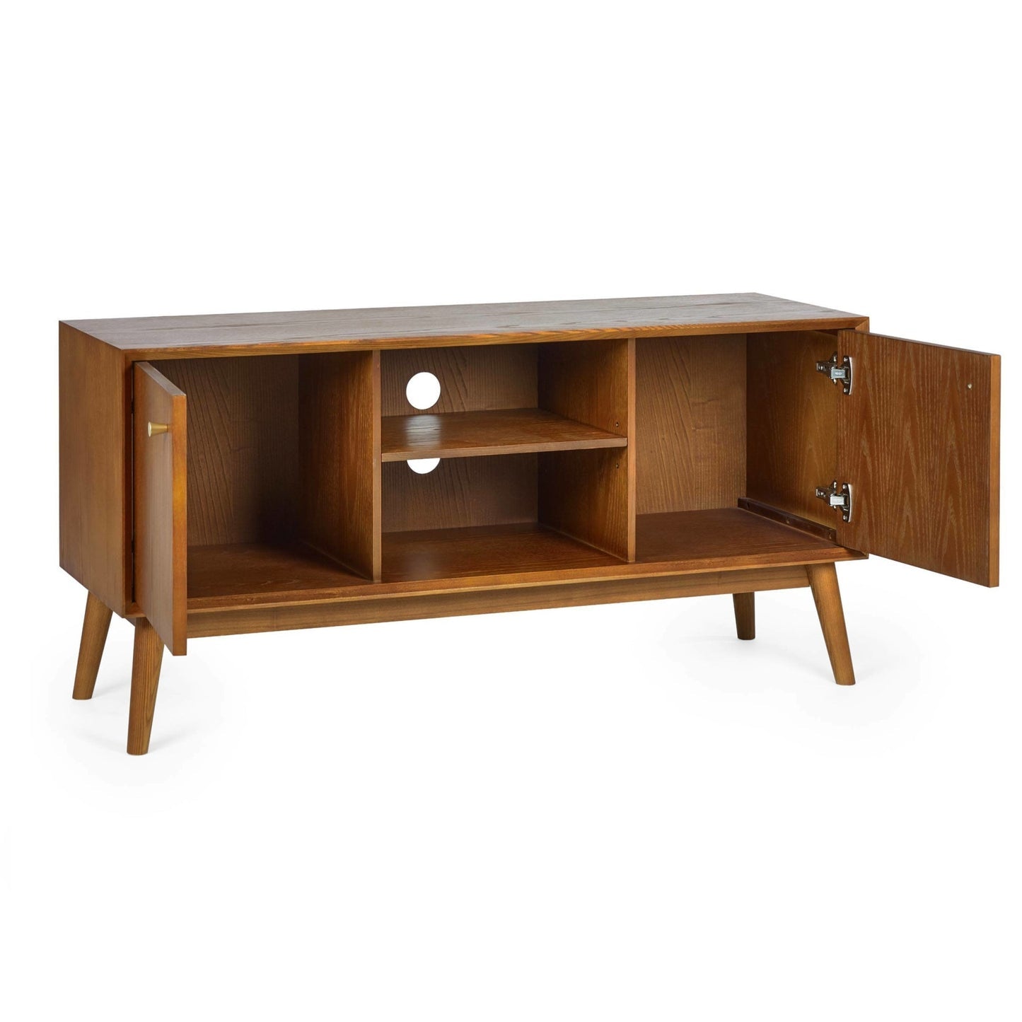 Perspective studio shot of the Lowry media unit with cabinet doors open displaying internal storage capacity