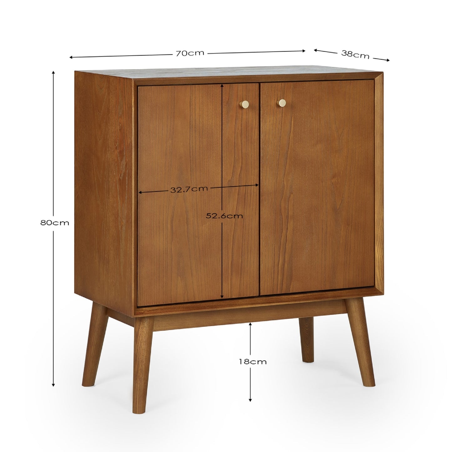 Dimension breakdown diagram for the Lowry small 2 door sideboard with mid-century tapered legs
