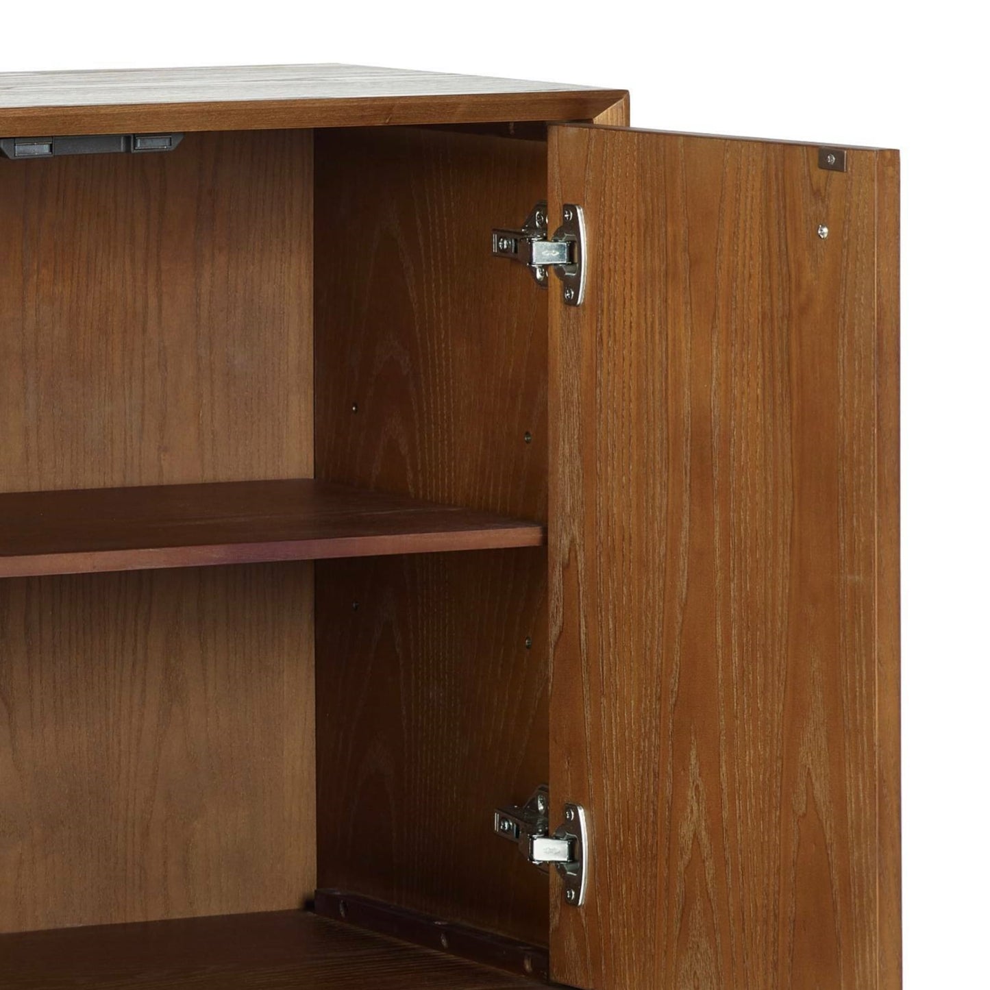 Detailed view of the internal shelf and soft-close door hinges inside the Lowry small sideboard