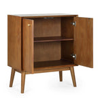 Studio shot of the Lowry small sideboard with open cabinet doors displaying internal shelf storage