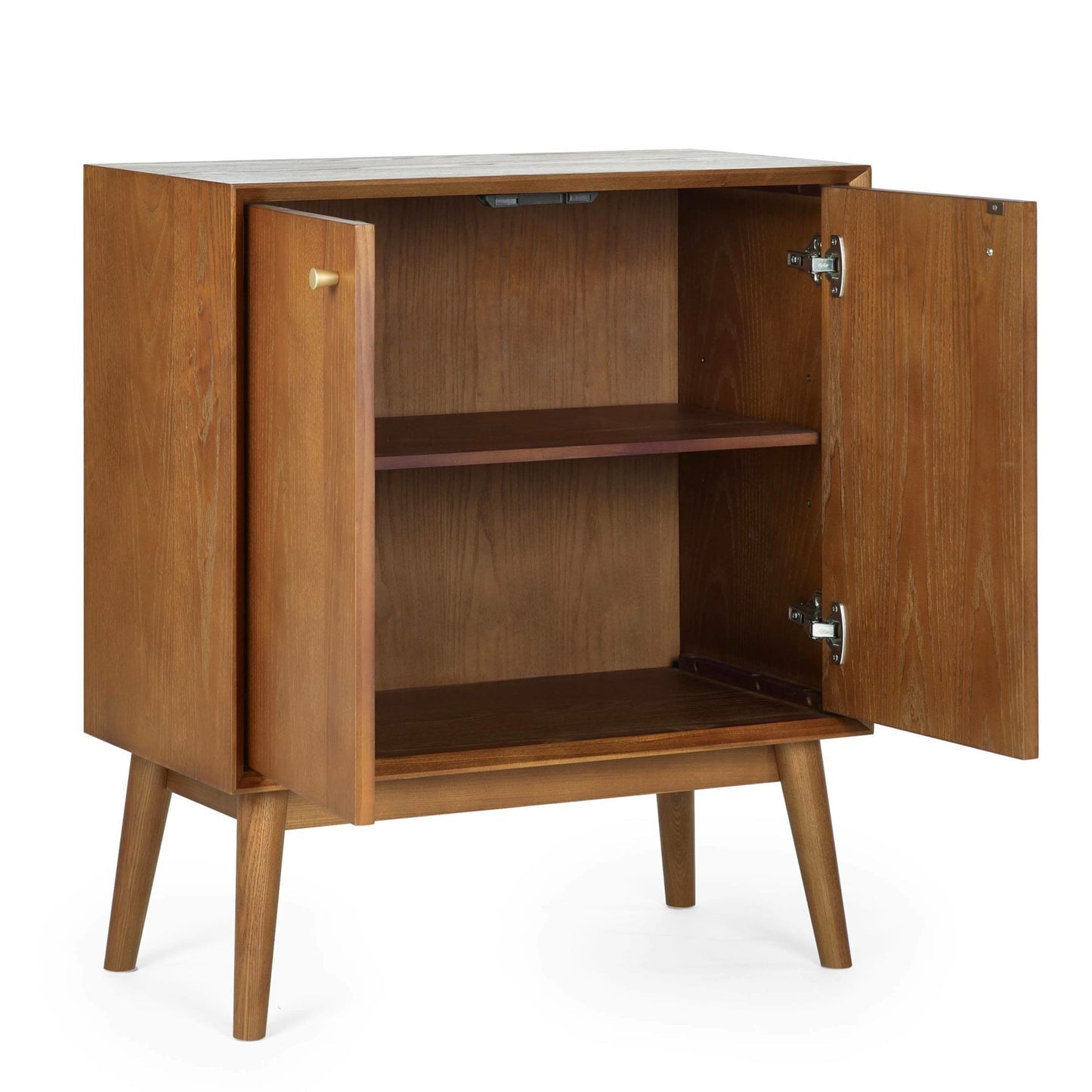 Studio shot of the Lowry small sideboard with open cabinet doors displaying internal shelf storage