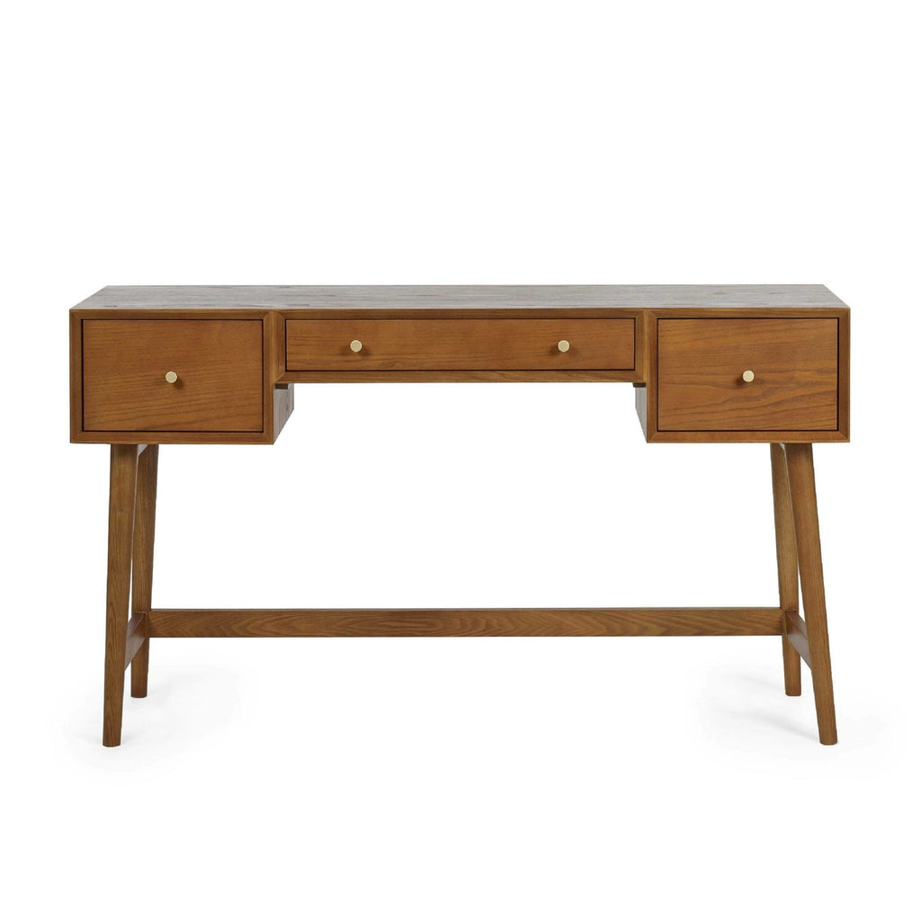 Front view of the Lowry warm oak dressing table showing three storage drawers and tapered legs.