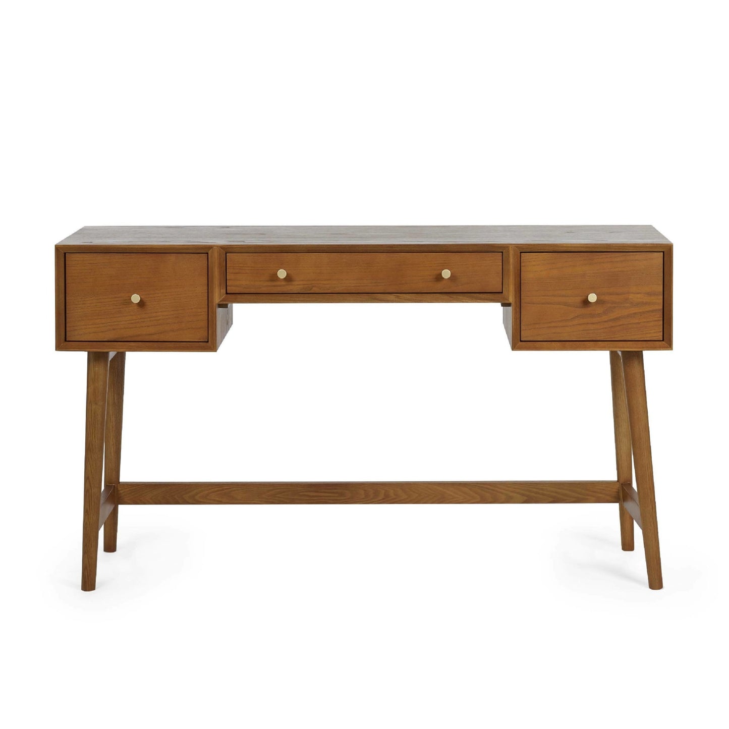 Front view of the Lowry warm oak dressing table showing three storage drawers and tapered legs.