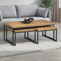 Brooklyn oak nesting coffee table set styled in a modern living room beside a grey sofa