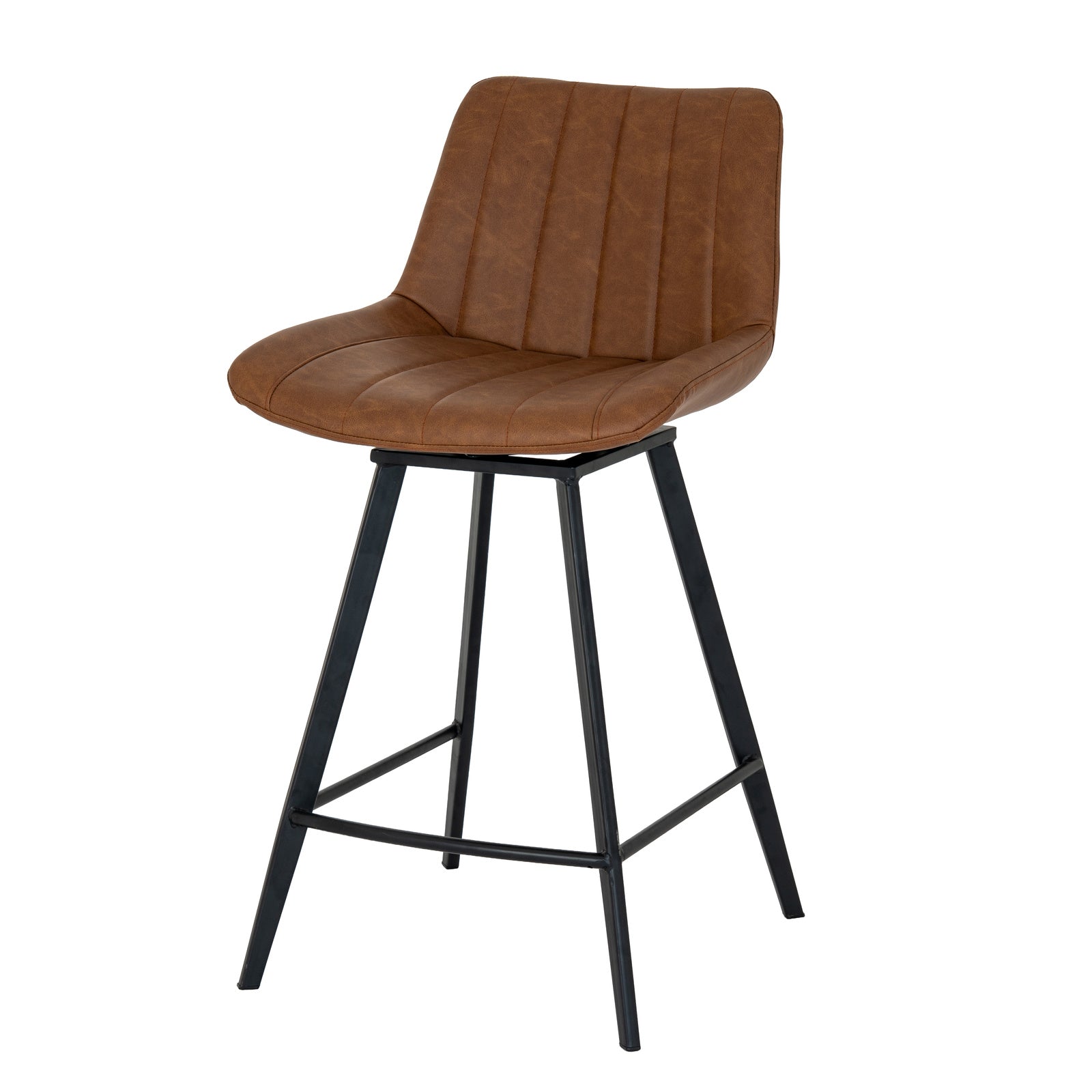 Front view showing the channel-stitched bucket seat, swivel base, and black metal legs of the Malmo tan bar stool