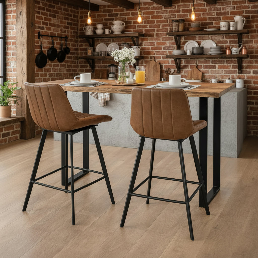 Malmo tan faux leather swivel bar stools styled at a wooden kitchen island counter in an industrial rustic kitchen setting
