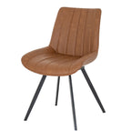 Front view showing the ribbed bucket seat and splayed black metal legs of the Malmo tan faux leather swivel dining chair