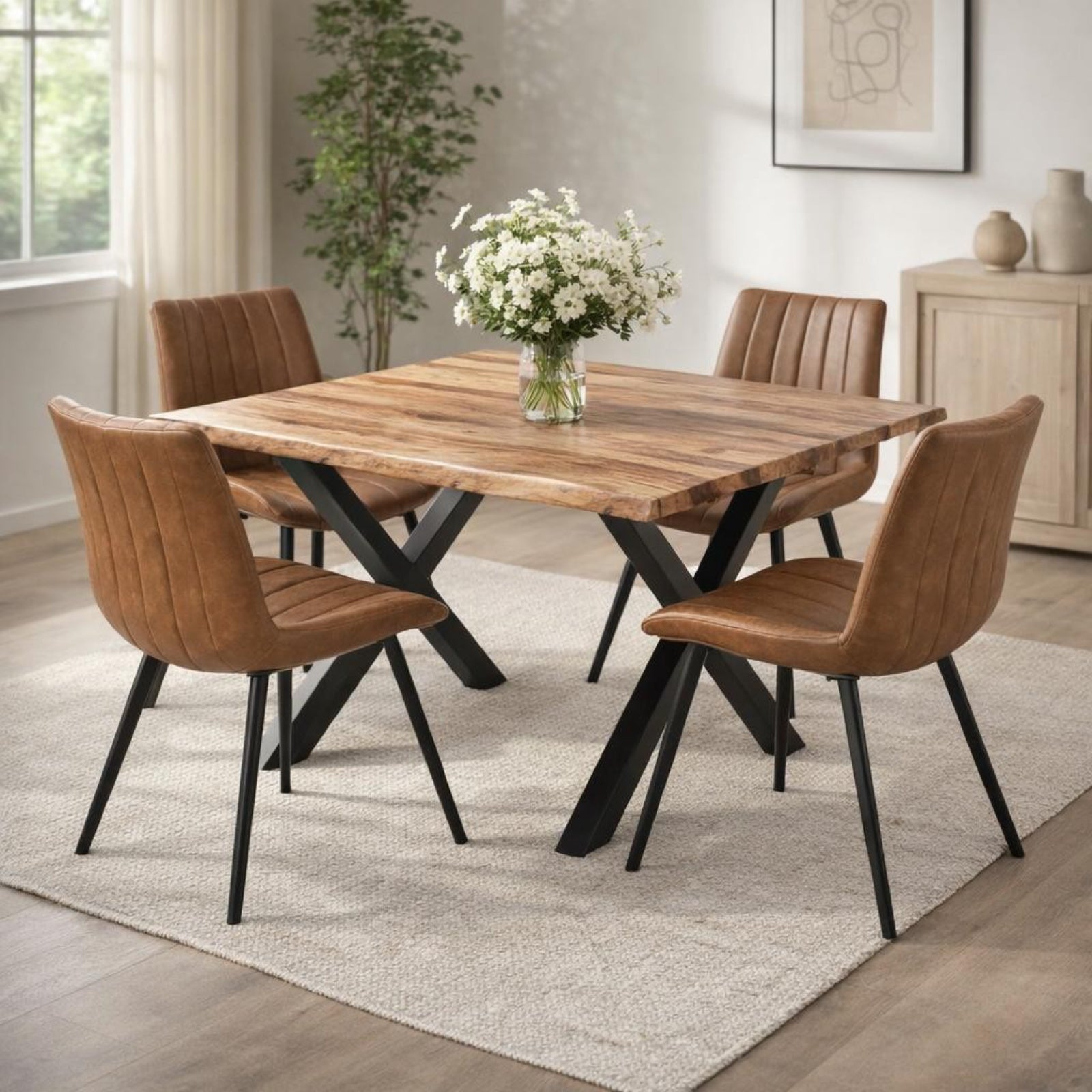 Malmo tan faux leather swivel dining chairs arranged around a wooden industrial dining table with black X-frame metal legs