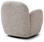 Rear view of the Micky swivel chair in light mist fabric showing smooth contoured silhouette   