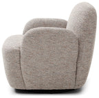 Side profile of the light mist grey Micky swivel chair showing compact curved design   