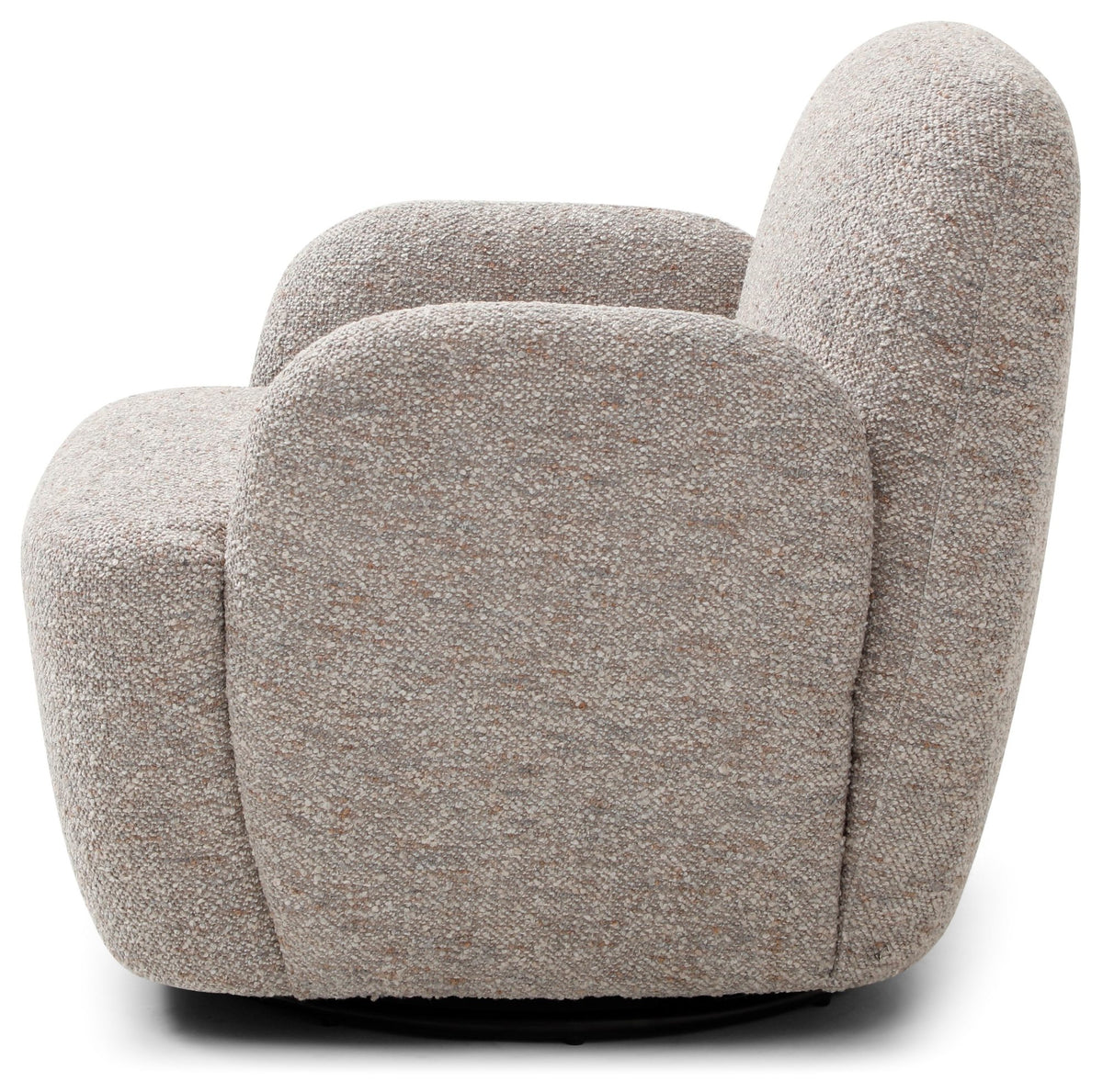 Side profile of the light mist grey Micky swivel chair showing compact curved design   