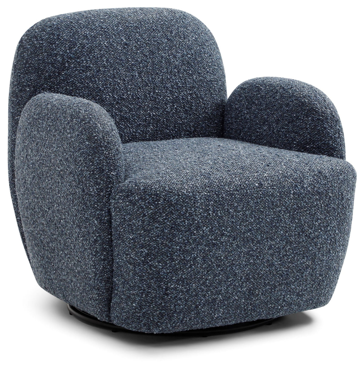 Front view of the navy blue Micky swivel chair showing rounded barrel silhouette and deep seat cushion   