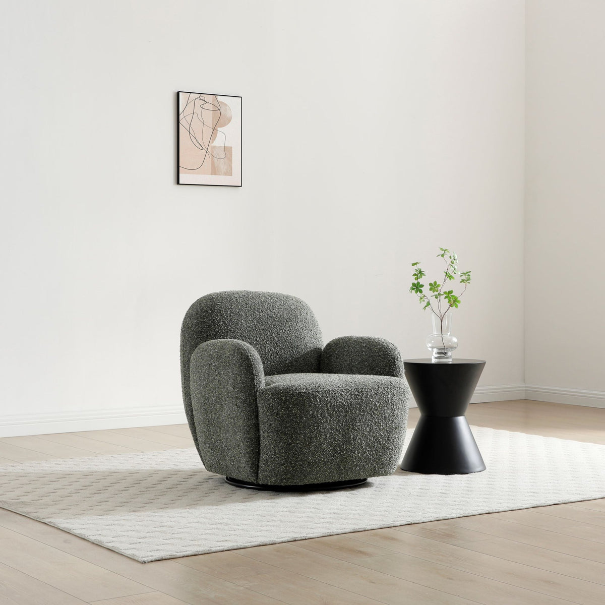 Micky swivel chair in olive green textured fabric placed in a bright, modern lounge setting   