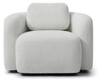 Front perspective view of the Mitch barrel swivel chair in clean mist white fabric   