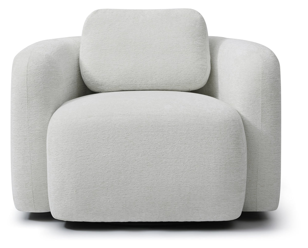 Front perspective view of the Mitch barrel swivel chair in clean mist white fabric   