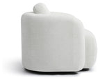 Side view highlighting the comfortable padded contours of the mist white swivel chair   