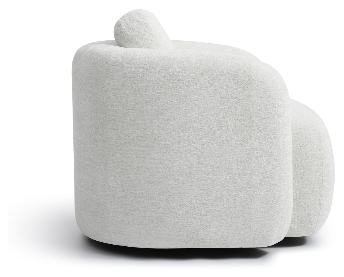 Side view highlighting the comfortable padded contours of the mist white swivel chair   