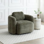 Mitch swivel chair in textured olive green fabric styled in a contemporary living room layout   