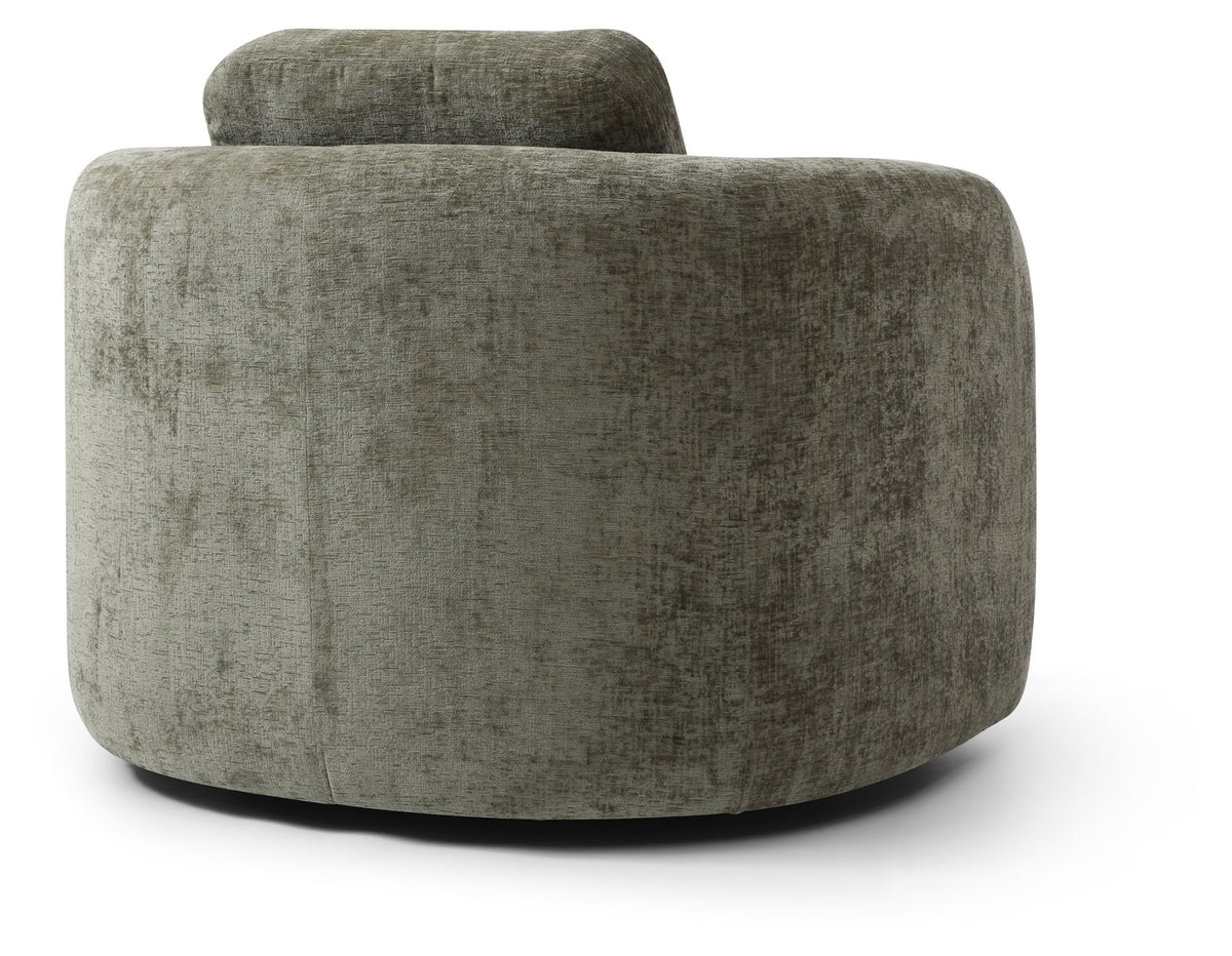 Side angle perspective of the olive green Mitch swivel chair showing backrest curvature   