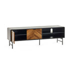 Front studio view of a black TV console with an open wood chevron cabinet door revealing storage shelves.