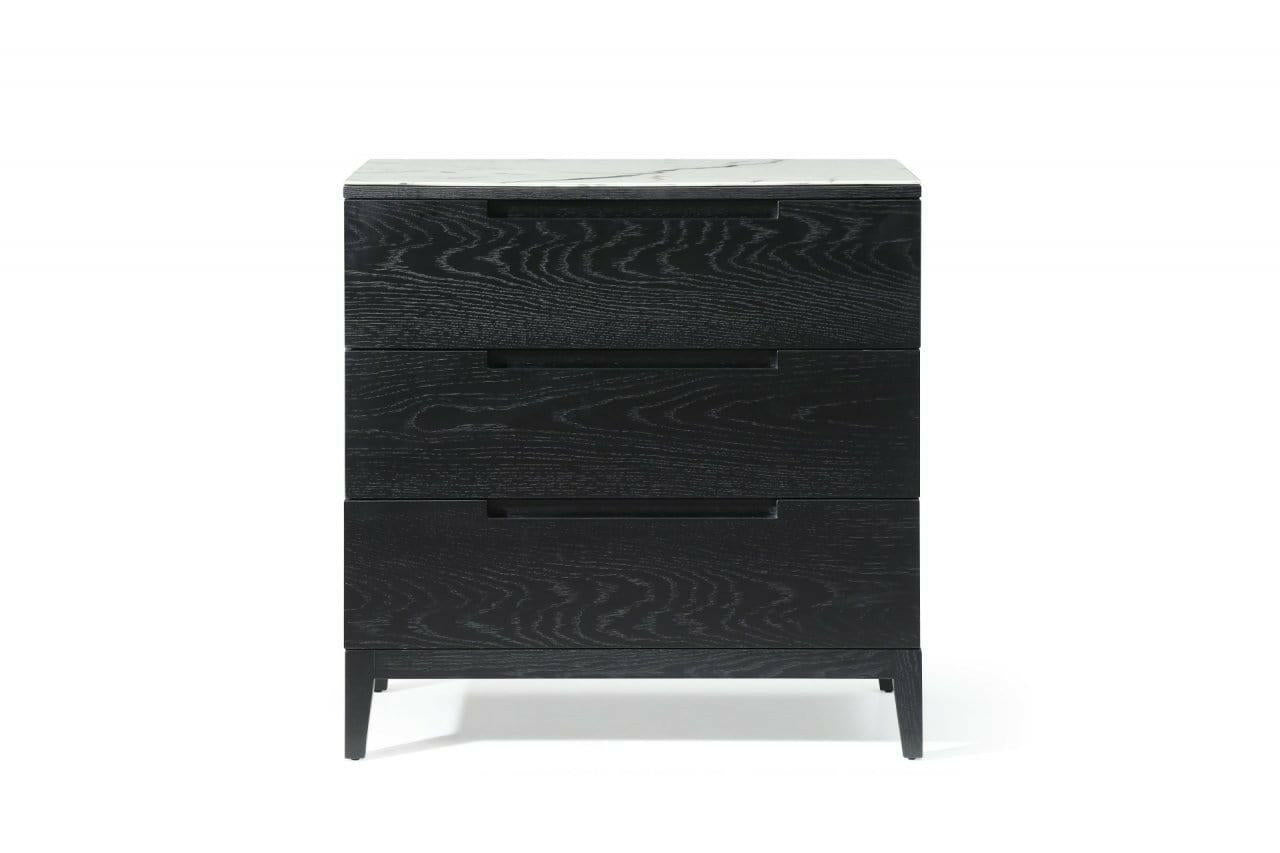 Orchid 3-drawer chest in black oak with a detailed white marbled top