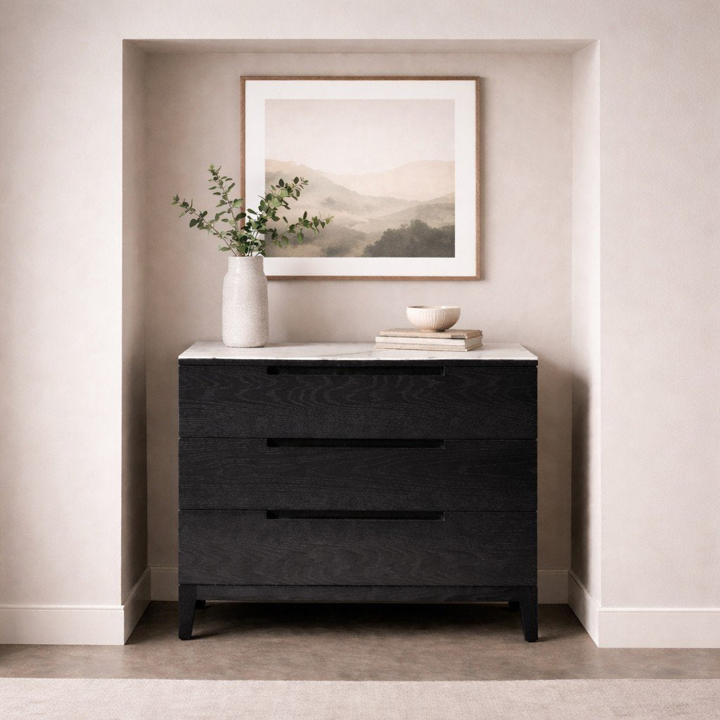 Contemporary Orchid  black oak chest of drawers with sleek marbled glass top and stylish cut-out handles