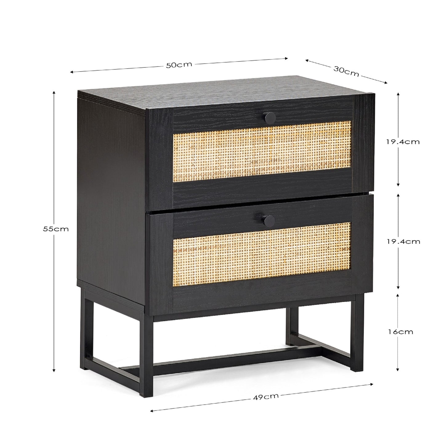 Dimension breakdown diagram for the Padstow black oak 2 drawer rattan bedside table