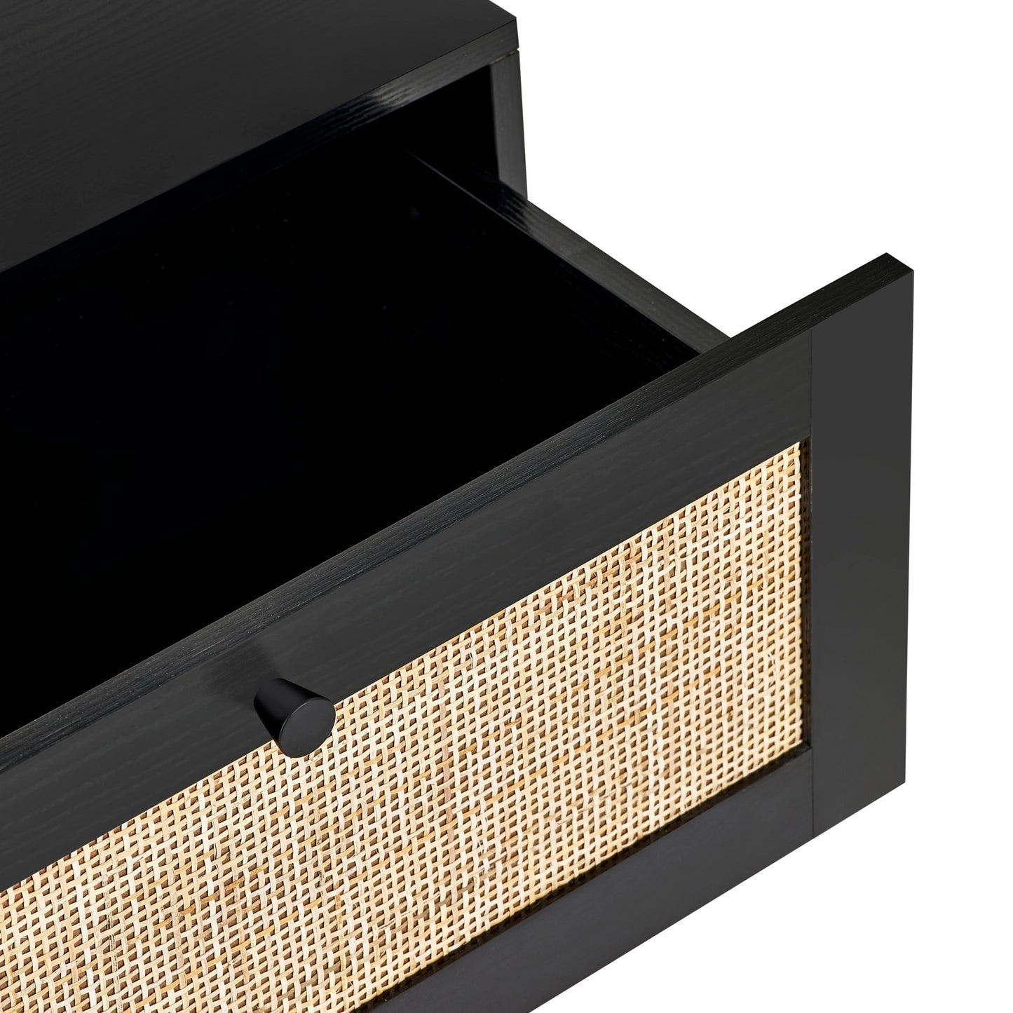 Close-up shot showing the internal drawer depth and black handle on the black oak nightstand