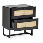 Front view studio shot of the black oak Padstow bedside table with open rattan storage drawers