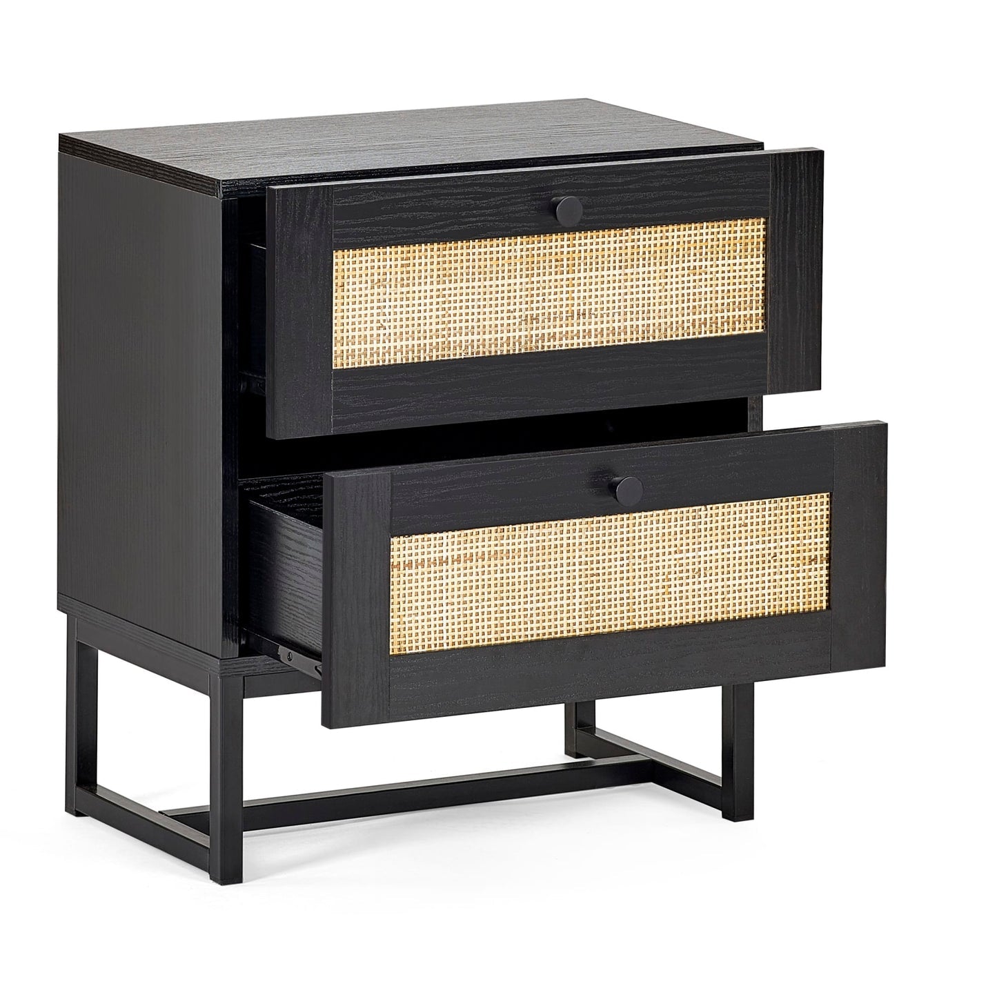 Front view studio shot of the black oak Padstow bedside table with open rattan storage drawers