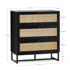 Dimension diagram for the Padstow black oak 3 drawer rattan chest