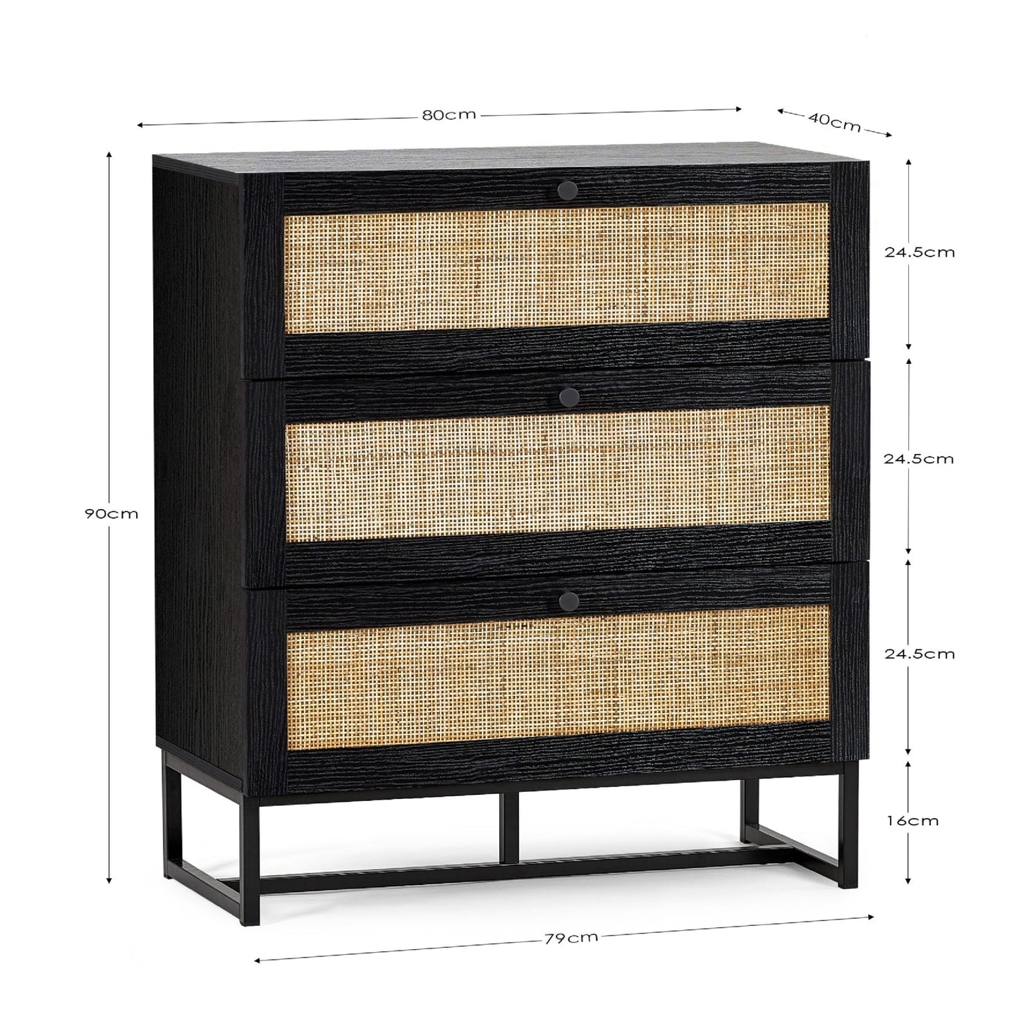 Dimension diagram for the Padstow black oak 3 drawer rattan chest