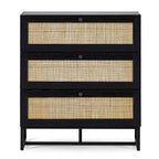 Front view studio shot of the Padstow black oak 3 drawer chest with rattan drawer fronts