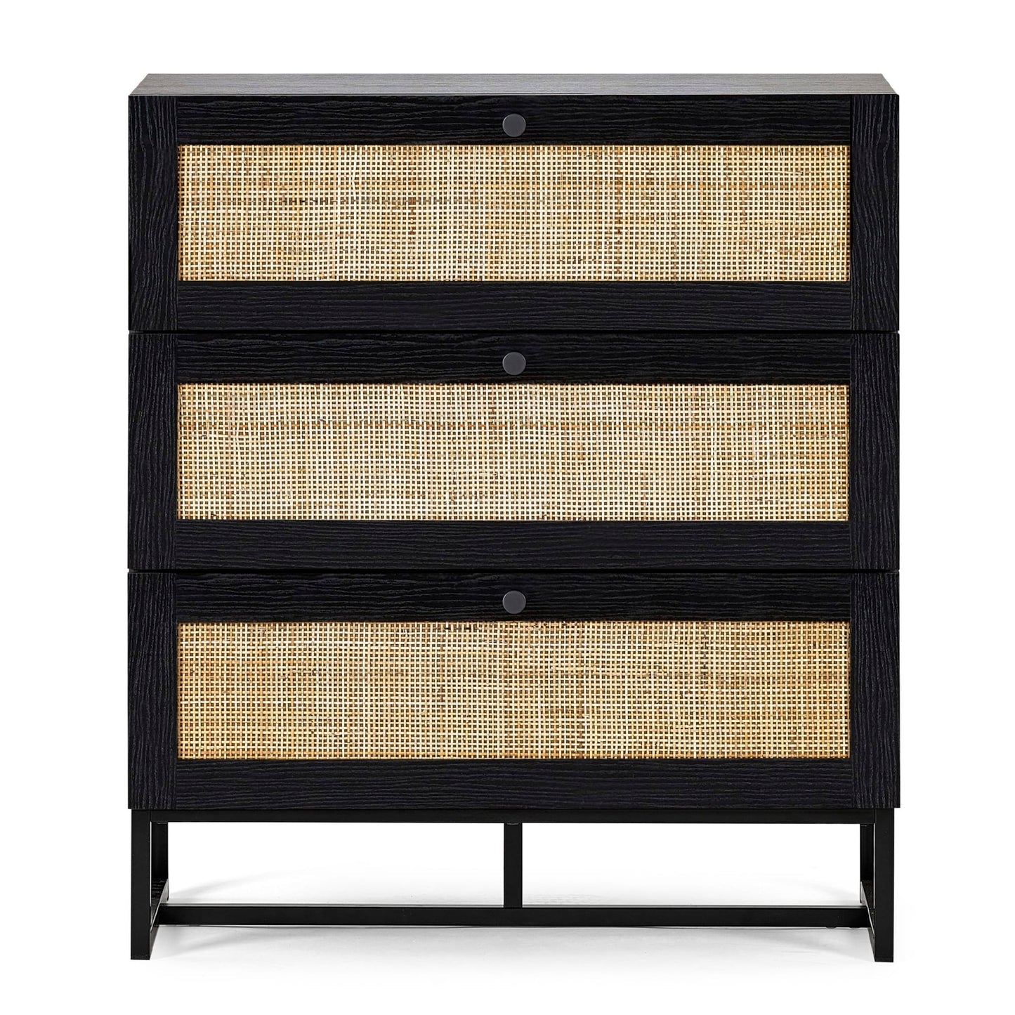 Front view studio shot of the Padstow black oak 3 drawer chest with rattan drawer fronts