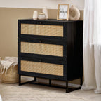 Padstow black oak 3 drawer rattan chest styled in a contemporary living space