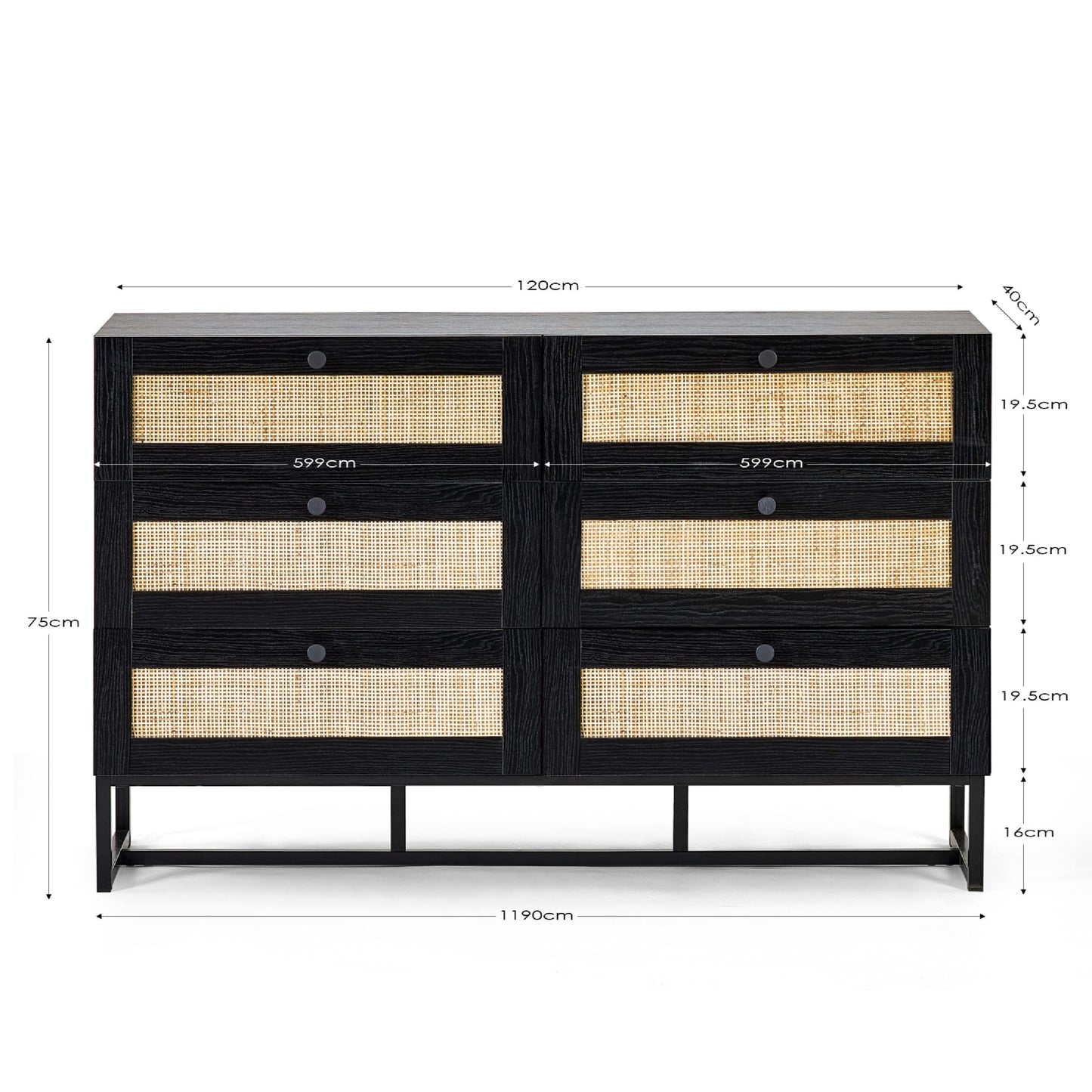 Dimension breakdown diagram for the Padstow black oak 6 drawer wide chest
