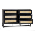 Front view studio shot of the black oak Padstow 6 drawer chest with rattan fronts open