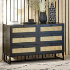 Padstow black oak 6 drawer wide rattan chest styled in a contemporary living room