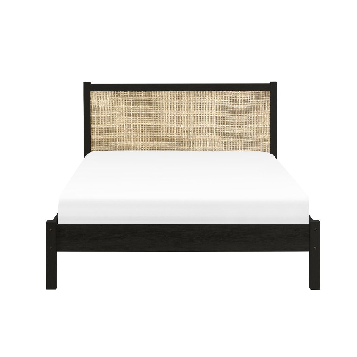 Front-facing studio shot of the Padstow black oak bed frame with slatted base