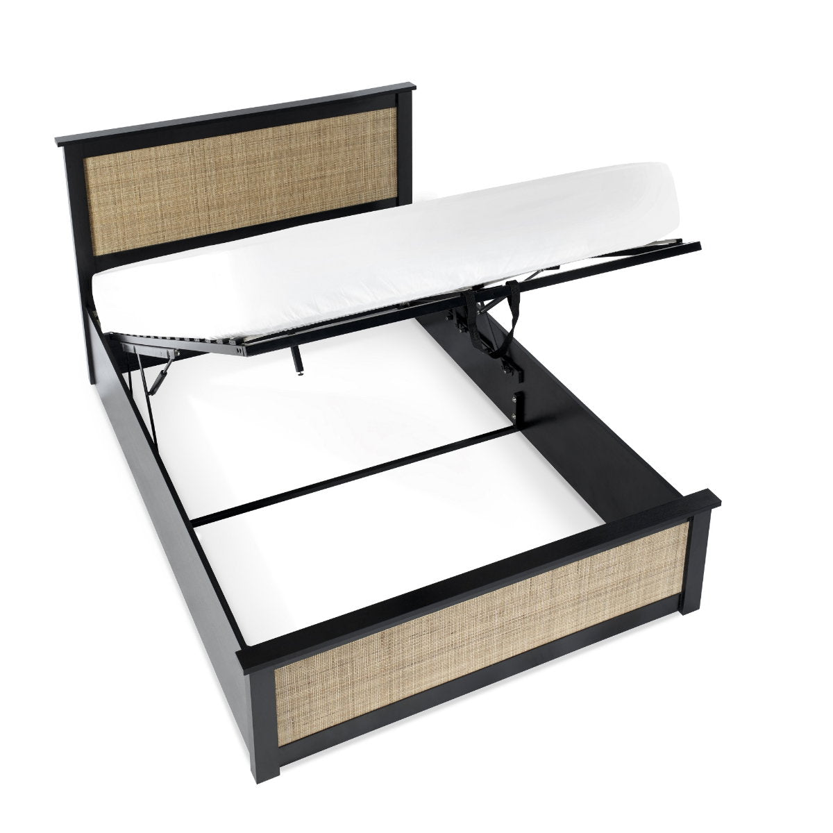 Studio view of the black oak ottoman bed frame with the gas lift storage open