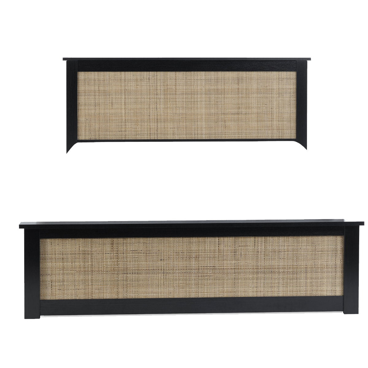 Comparison view of the detached black oak headboard and footboard cane panels