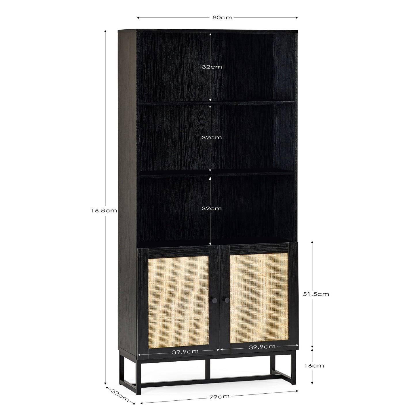 Dimension breakdown diagram for the Padstow black oak tall rattan bookcase