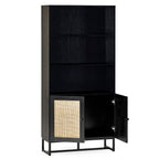 Front view studio shot of the open black oak Padstow tall bookcase displaying lower shelf storage