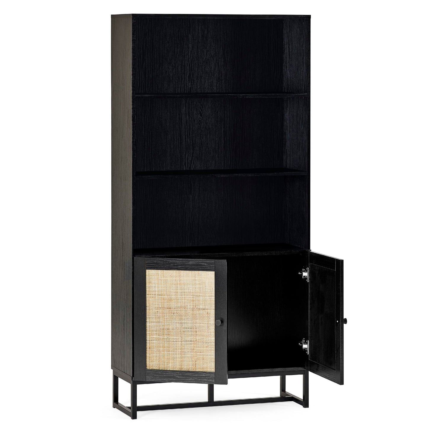 Front view studio shot of the open black oak Padstow tall bookcase displaying lower shelf storage