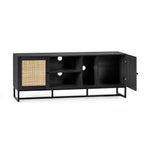Front view studio shot of open black oak Padstow TV unit displaying shelves and cupboard storage