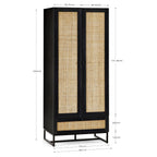Dimension breakdown diagram for the Padstow black oak 2 door rattan wardrobe with drawer