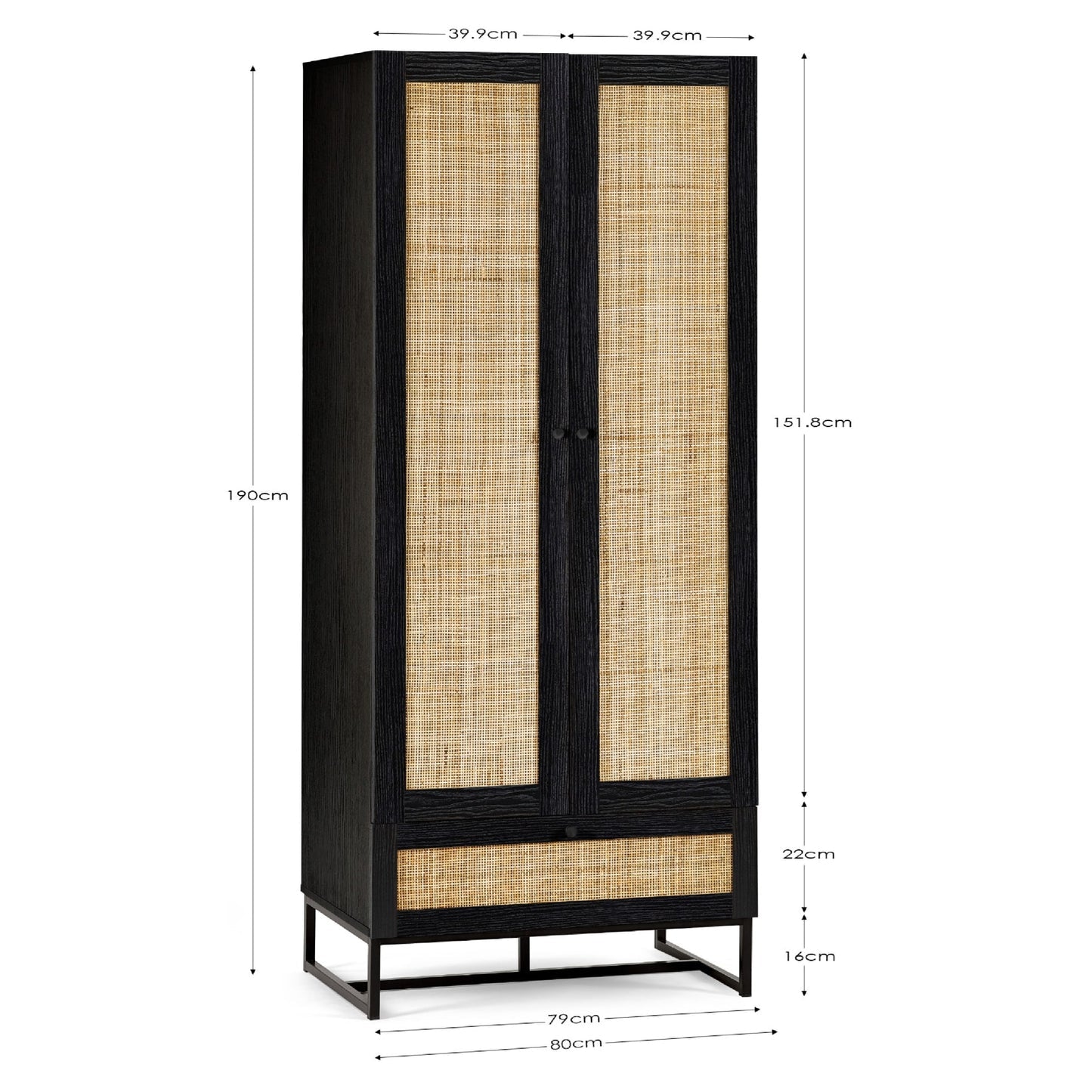 Dimension breakdown diagram for the Padstow black oak 2 door rattan wardrobe with drawer