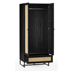 Front view studio shot of the black oak Padstow wardrobe open to show hanging space and lower storage drawer